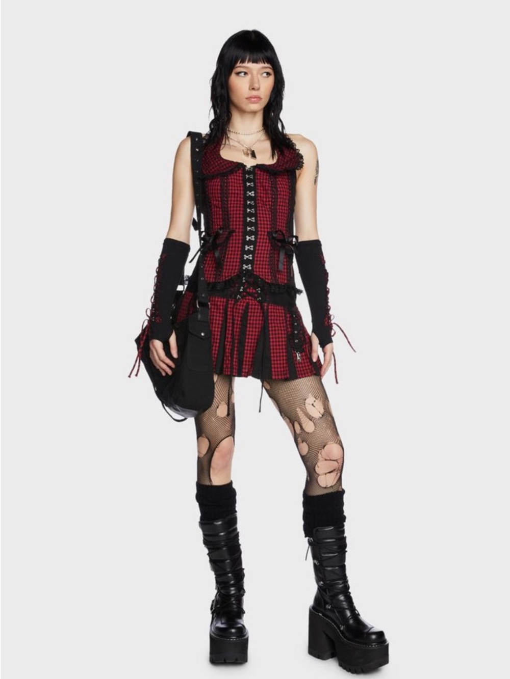 Tripp NYC Red and black bow peep gingham halter corset small rare NWT